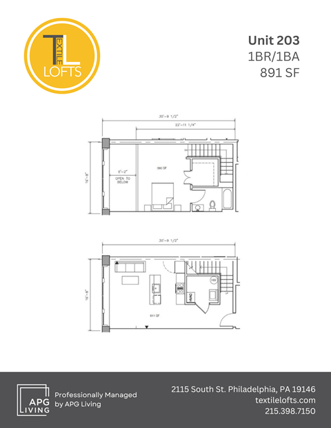 Floor plan for 1 bed, 1 bath, 891 sqft